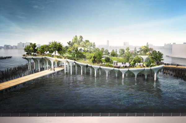 A design rendering of Pier55, looking from the south toward the north. The landscaped pier would have an undulating surface of varying heights, supported by “pot”-style concete piles, fewer of which would be needed to hold up the pier than normal-style straight piles. Pier55, Inc./Heatherwick Studio