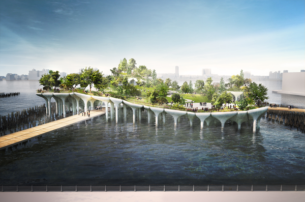 A design rendering of Pier55, looking from the south toward the north. The landscaped pier would have an undulating surface of varying heights, supported by “pot”-style piles, fewer of which would be needed to hold up the pier than normal-style straight piles.  Pier55, Inc./Heatherwick Studio