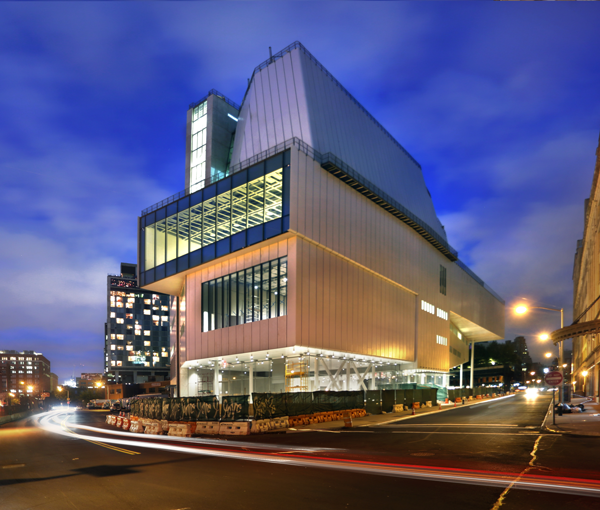 A night view from the West Side Highway of the still-under-construction Downtown Whitney Museum.   Photo by Ed Lederman