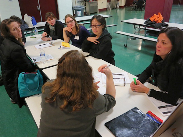 Photos courtesy P.S. 3 PAC At the forum, Diane Ravitch, inset, urged parents to “opt out” of the deluge of prescribed tests. After her remarks, audience members broke up into working groups.  