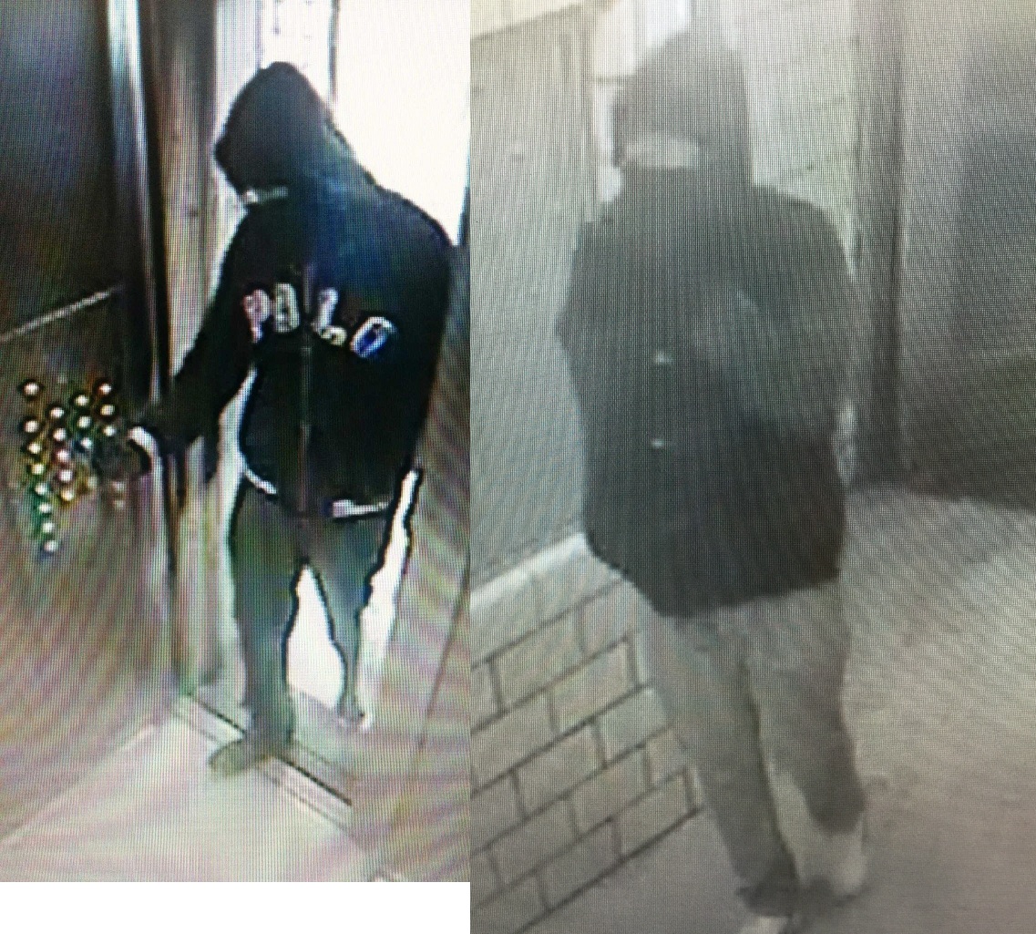 Two images of the suspect in the Jan. 25 shooting on Rivington St. Subsequent to an ongoing investigation, detectives have obtained additional surveillance photos of the suspect entering 90 Pitt St. wearing a black Polo hooded sweatshirt, black pants and a black mask, left.