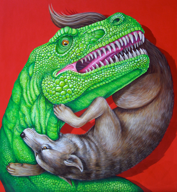 Cycle: “Rex vs. Rex” (2013 | Acrylic on canvas | 48 x 48 inches; 121.92 x 121.92 cm | Signed on verso).  Courtesy Woodward Gallery