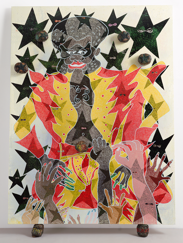Chris Ofili, The Adoration of Captain Shit and the Legend of the Black Stars (Third Version), 1998. Oil, acrylic, polyester resin, paper collage, glitter, map pins, and elephant dung on linen, 96 x 72 in (243.8 x 182.8 cm).  © Chris Ofili. Courtesy the artist, David Zwirner, New York / London and Victoria Miro, London