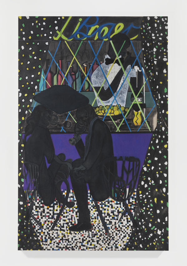 Chris Ofili, Lime Bar, 2014. Oil on linen. 122 1/8 x 78 3⁄4 in (310 x 200 cm). Private collection.  Photo by Maris Hutchinson/EPW. All artworks © Chris Ofili. Courtesy David Zwirner, New York/London
