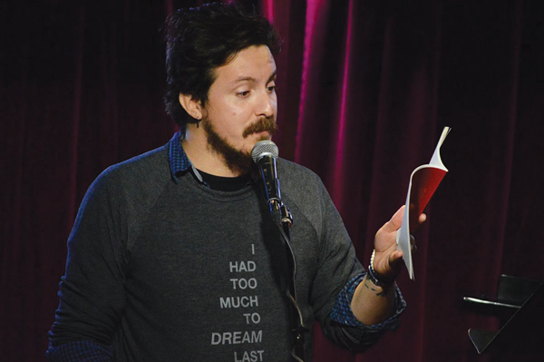 Ryan Buynak, at Cornelia Street Cafe, taking part in Three Rooms Press’ “Prose! Poetry! Party! 2!” event.  Photo by lynn cappiello