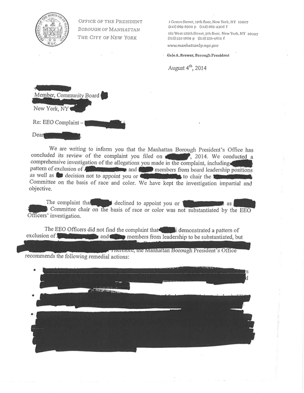 The first page of a heavily redacted letter from the Manhattan borough president’s office to C.B. 3 member Ayo Harrington, notifying her that E.E.O. investigators found her complaint against Chairperson Gigi Li to be unsubstantiated. Three of four recommended “remedial actions” are shown blacked out; a fourth is on the letter’s second page and is also completely obscured.