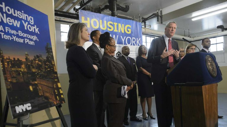 Bill de Blasio at the Navy Houses in Brooklyn announces that New York City financed the creation and preservation of more than 17,300 affordable housing units on Thursday, Jan. 15, 2015.  