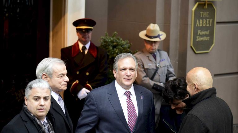 Former County Executive Thomas Gulotta, second from left, and Nassau County Executive Edward Mangano, center, arrive at the Frank E. Campbell Funeral Home in Manhattan for the wake for former Gov. Mario Cuomo on Monday, Jan. 5, 2015. 