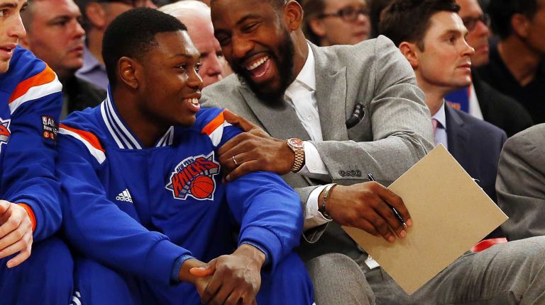 Amar'e Stoudemire #1 of the New York Knicks has a laugh with teammate Cleanthony Early #17 during a game against the Milwaukee Bucks at Madison Square Garden on Sunday, Jan. 4, 2015.