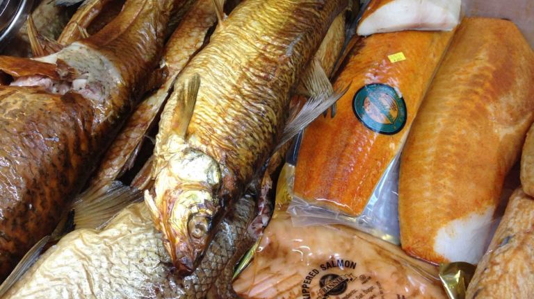 A selection of smoked fish including Nova Scotia salmon and the richer, saltier belly lox; smoked sturgeon, sable, chubbs and brook trout; and whitefish salad.