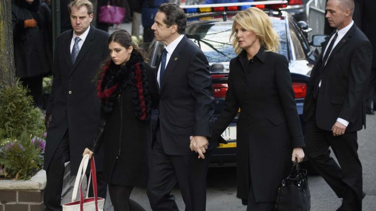 New York State Gov. Andrew M. Cuomo, his daughter, Michaela, left, and his girlfriend Sandra Lee, arrive at Frank E. Campbell Funeral Chapel for the wake of his father, former Gov. Mario Cuomo, in Manhattan on Monday, Jan. 5, 2015. Cuomo, who served three terms as governor, died at home Thursday from heart failure at 82 while surrounded by family. The death occurred on the same day Andrew Cuomo was sworn into office for his second term as governor.