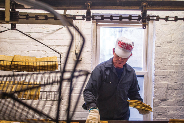 The finished, boxed product rolls off the production line at the Streit’s Rivington St. matzo factory.  Photos by Zach Williams