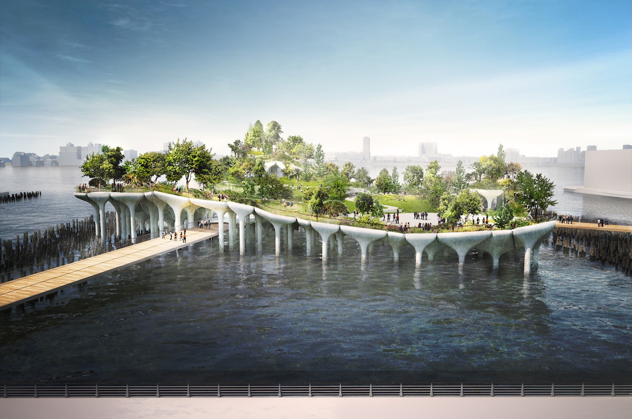 A design rendering of Pier55, viewed from the "upland" part of Hudson River Park.