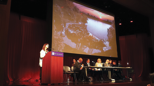 Praise and excitement versus fear and loathing at Pier55 public hearing 1 Kate Horton described Pier55’s planned programming at the public hearing on the proposed Hudson River Park project. On the screen behind her is a design image of the the pier's planned 700-seat amphitheater. Photo by The Villager