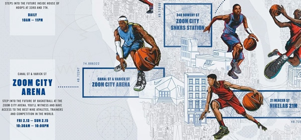 The “Zoom City Map” of venues and events shows a superhero-like LeBron James dribbling by the Zoom City Arena in Hudson Square.