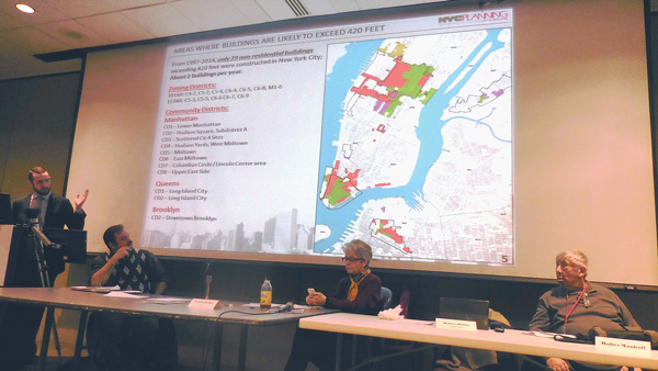 CB4 Meeting an ‘Intrepid’ Effort 3 Photo by Eileen Stukane The NYC Dept. of City Planning’s Ezra Moser (at podium) explains a text amendment designed to improve stairwell safety in nonresidential buildings over 420 feet.