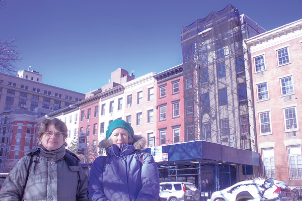 Fate of Hopper-Gibbons House Hinges on Provision, Permit Interpretation 1 Photo by Zach Williams L to R: Preservationists Fern Luskin and Julie Finch in front of scaffolding-draped Hopper-Gibbons House, whose fifth floor addition has been the topic of a long court battle.