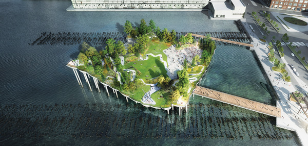Courtesy of Pier55, Inc/Heatherwick Studio The landscaped pier would have an undulating surface of varying heights, supported by “pot”-style piles, fewer of which would be needed to hold up the pier than normal-style straight piles.