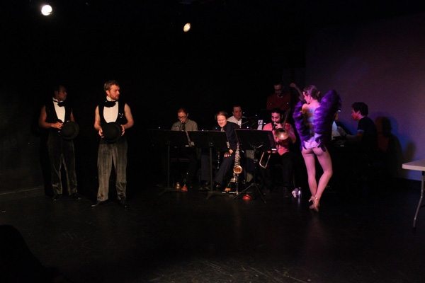 See and Be the Show, at Treehouse Theater 1 Photo by Rob Reese L to R: Rick Delancey, Brad Lassiter, John Blevins, Jessie Bunting, Andy O’Neill, Jesus, Viramontes, Andrew Grau and Francesca “Cecca” Caviglia at a “Sundry Sundae Sunday” event.