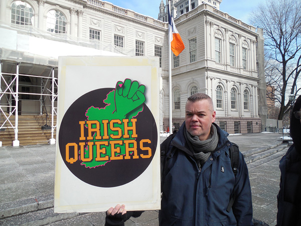 Jeff Mulligan of Irish Queers blasted the “closed-door deal” to allow a group of L.G.B.T. NBC employees to join the parade on March 17. Photos by Gerard Flynn