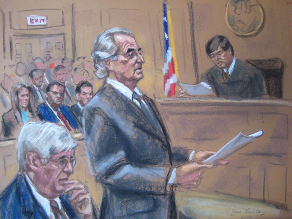 A sketch by Jane Rosenberg of Bernard Madoff testifying in court at his sentencing to 150 years in jail.