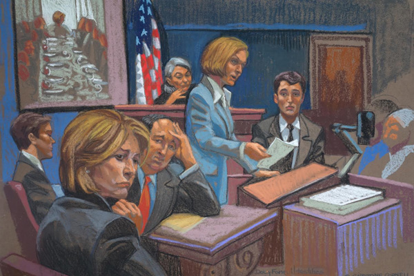 Christine Cornell’s sketch of Martha Stewart’s securities-fraud trial. Stewart — shown, at left, as her attorney looks on with his hand to his head — was sentenced to five months behind bars.