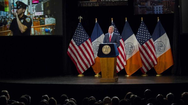New York City Mayor Bill de Blasio delivers the State of the City address at Baruch College, Tuesday, Feb. 3, 2015.