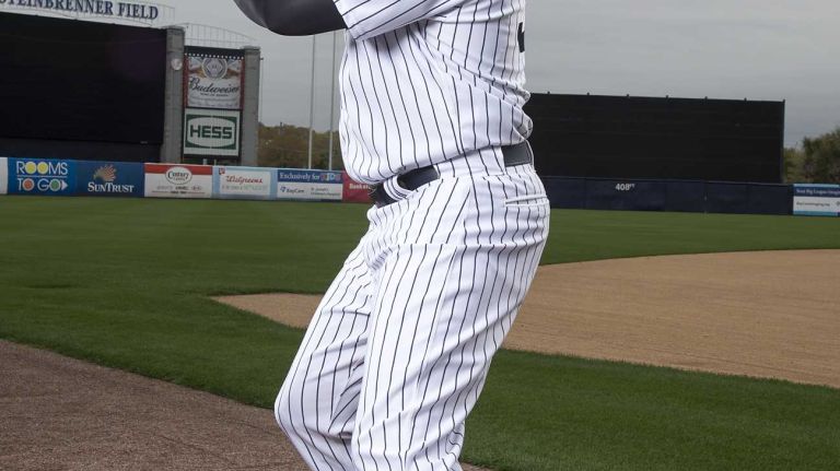 New York Yankees outfielder Carlos Beltran poses at George Steinbrenner Field during spring training in Tampa, Fla. on Feb. 28, 2015.