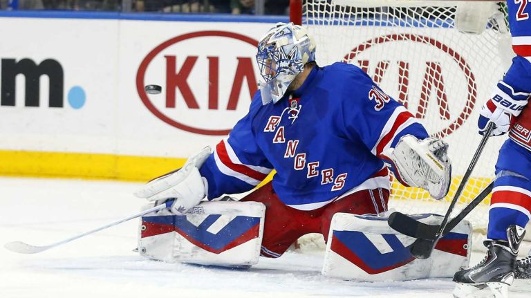 Henrik Lundqvist #30 of the New York Rangers makes a save in the second period against the Florida Panthers at Madison Square Garden on Monday, Feb. 2, 2015.