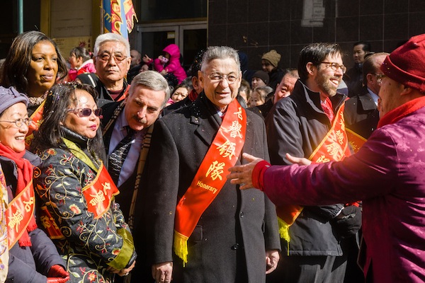 Assemblymember Sheldon Silver, center, marching in Chinatown's Lunar New Year parade Sunday. At far left is Councilmember Margaret Chin and at far right is State Sen. Daniel Squadon. Leaning in: Assemblymember David Weprin, and at back left: Public Advocate Letitia James. Downtown Express photo by Milo Hess.  