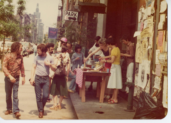 Parents from the Soho Community Playgroup holding a fundraising bake sale on West Broadway near Prince St. circa 1974.   Photo courtesy Soho Memory Project
