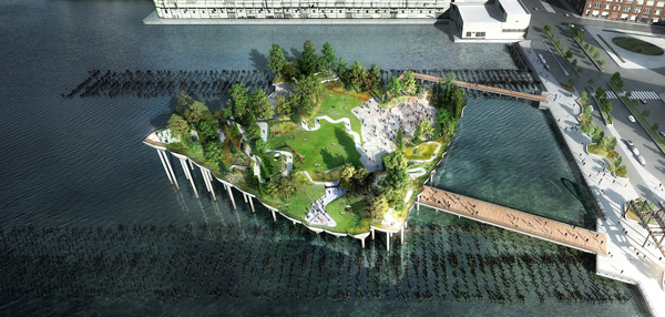 An aerial view of the proposed Pier55, which would be built between the pile field of Pier 56, to its north, and Pier 54, to its south, whose concrete decking has been removed, leaving another field of old wooden piles.