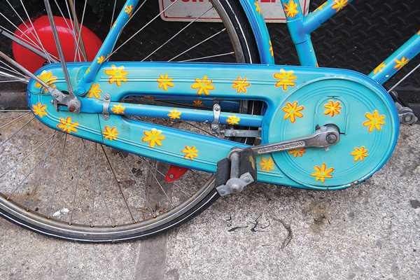 The Hudson River is full of ice floes, but there were some signs of spring that painted a rosier picture in Tribeca this week, including on a bike’s chain guard on North Moore St. and on a wall on Pier 25.   Photos by Milo Hess