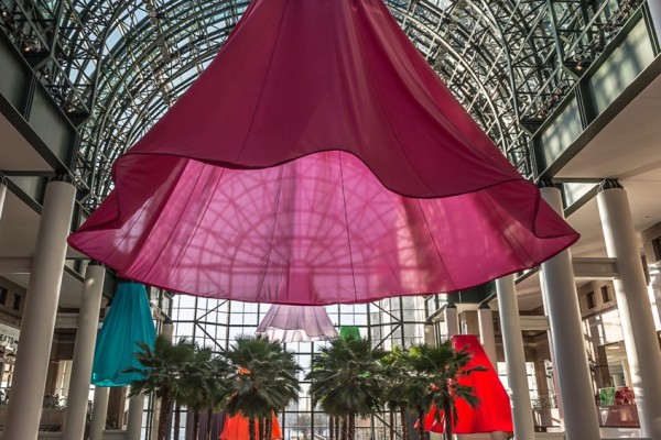 The hovering "Soft Spin" art work by Heather Nicol was installed at the Winter Garden to help celebrate the opening of the new Brookfield Place retail retail. Downtown Express photo by Scot Surbeck