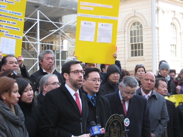 Downtown Express photo by Dusica Sue Malesevic State Sen. Daniel Squadron at a City Hall rally March 12 calling for a school holiday on Lunar New Year. To the right are Assemblymembers Ron Kim and Sheldon Silver. 