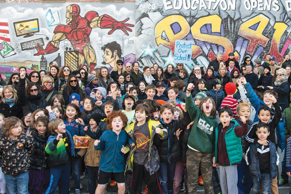 Students rallying outside P.S. 41 in the Village  March 12.  Photo by David Allee