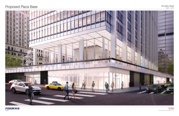 The proposed new look of One Chase Plaza, (at William and Liberty Sts.) which is to be renamed 28 Liberty St. by Skidmore Owings and Merrill. 