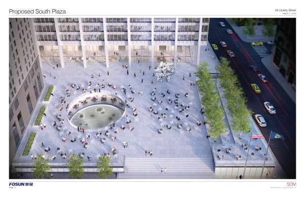 The new look of the plaza will include the iconic art work, Noguchi’s "Sunken Garden" and Dubuffet’s "Groups of Four Trees." Image courtesy of Fosun. 