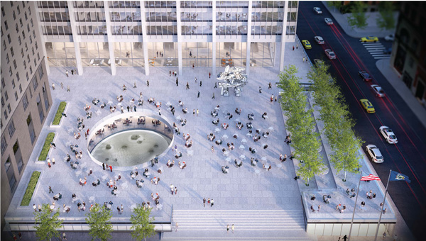 The new look of the plaza will include the iconic art work, Noguchi’s “Sunken Garden” and Dubuffet’s “Groups of Four Trees.”  