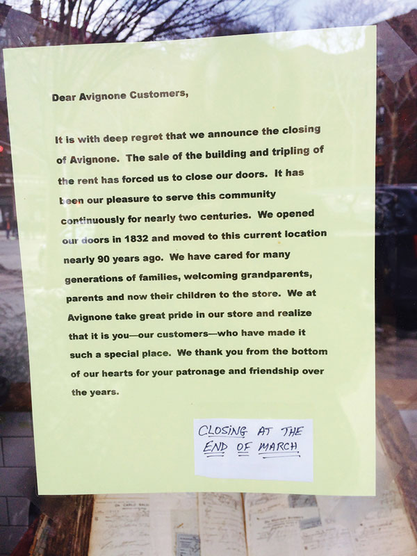 ANOTHER ONE BITES THE DUST Forced out by an increase of its rent to $60,000 a month, the historic Avignone health and beauty shop on Bleecker St. near Sixth Ave., which until recently also included a pharmacy, will shutter its doors at the end of this month. The pharmacy relocated not too long ago to the nearby CVS on Sixth Ave.   Photo by Mary Nell Hawk