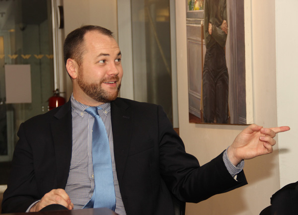 Corey Johnson makes a point while talking with residents at Westbeth in the West Village.