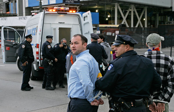 Corey Johnson being arrested for blocking traffic on the West Side Highway near the Gansevoort Peninsula in November 2013 during a protest against the Spectra pipeline.  File photo