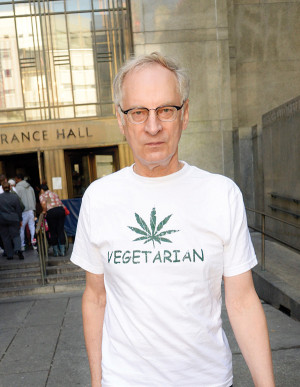 Bernie Goetz outside criminal court in March as he fought a charge for an arrest last year when he was caught selling a small amount of marijuana to a persistent undercover cop outside Union Square Park. Goetz, who smokes weed on a regular basis, was wearing his pro-pot / vegetarian T-shirt. File photo by Jefferson Siegel