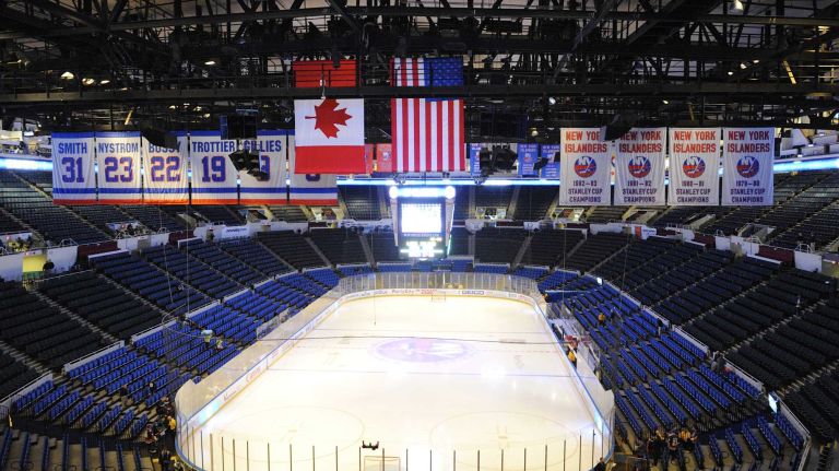 A general view of the ice at Nassau Coliseum before action between the New York Islanders and the Los Angeles Kings on Thursday, March 26, 2015.