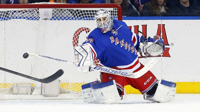 Cam Talbot #33 of the New York Rangers makes a save in the third period against the Anaheim Ducks at Madison Square Garden on Sunday, March 22, 2015.