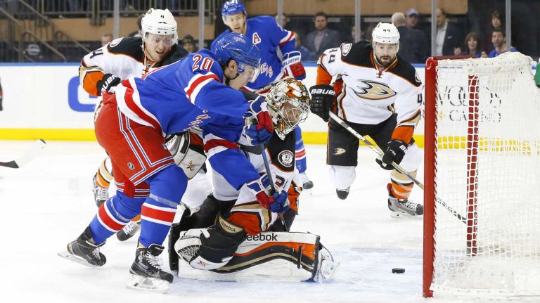 Chris Kreider #20 of the New York Rangers scores a first-period goal against Frederik Andersen #31 of the Anaheim Ducks at Madison Square Garden on Sunday, March 22, 2015.