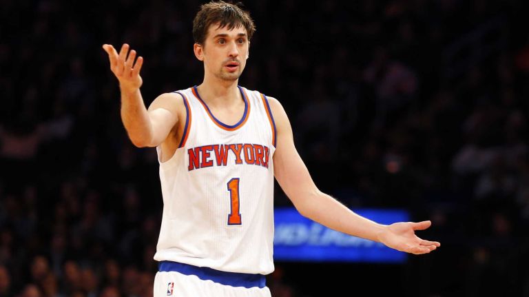 Alexey Shved of the New York Knicks reacts after a play in the second half against the Minnesota Timberwolves at Madison Square Garden on Thursday, March 19, 2015.