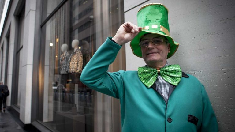 Victor Thompson, 60, from Belfast, Northern Ireland, waits for the St. Patrick's Day parade to start in Manhattan on Tuesday, March 17, 2015.