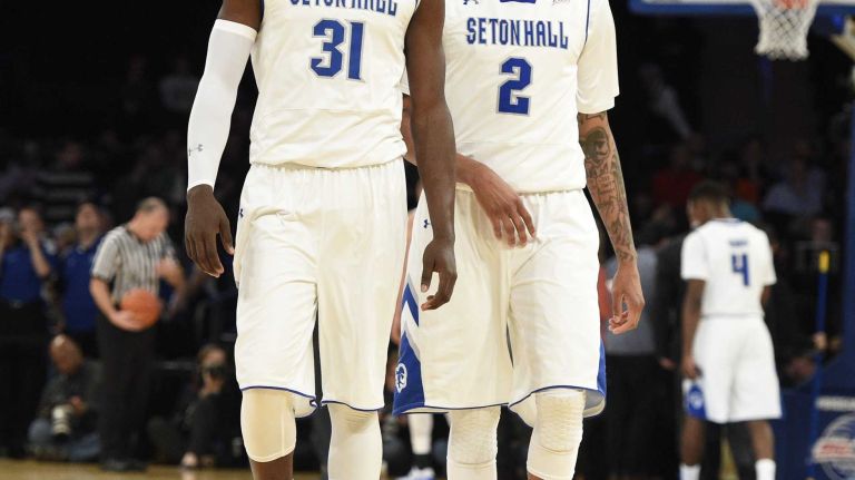 Big East Tournament first round: Marquette vs. Seton Hall 36 Seton Hall Pirates forward Angel Delgado and Seton Hall Pirates forward Brandon Mobley walk onto the court after a timeout against the Marquette Golden Eagles in first round of the Big East basketball tournament at Madison Square Garden on Wednesday, March 11, 2015.