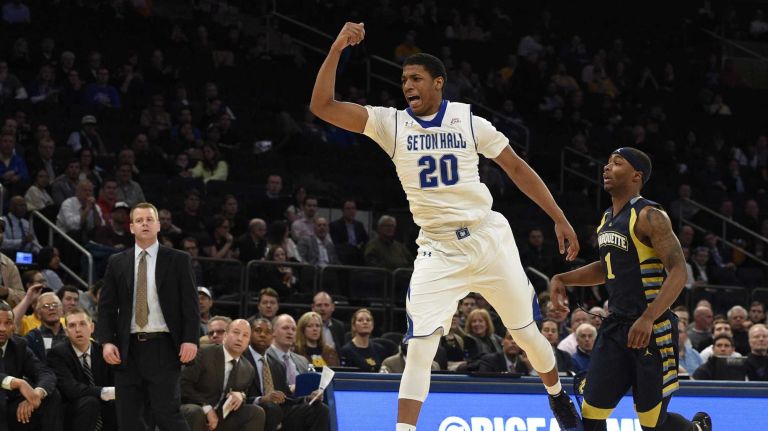 Big East Tournament first round: Marquette vs. Seton Hall 38 A pass sails past Seton Hall Pirates forward Desi Rodriguez as Marquette Golden Eagles guard Duane Wilson looks on in the first round of the Big East basketball tournament at Madison Square Garden on Wednesday, March 11, 2015.